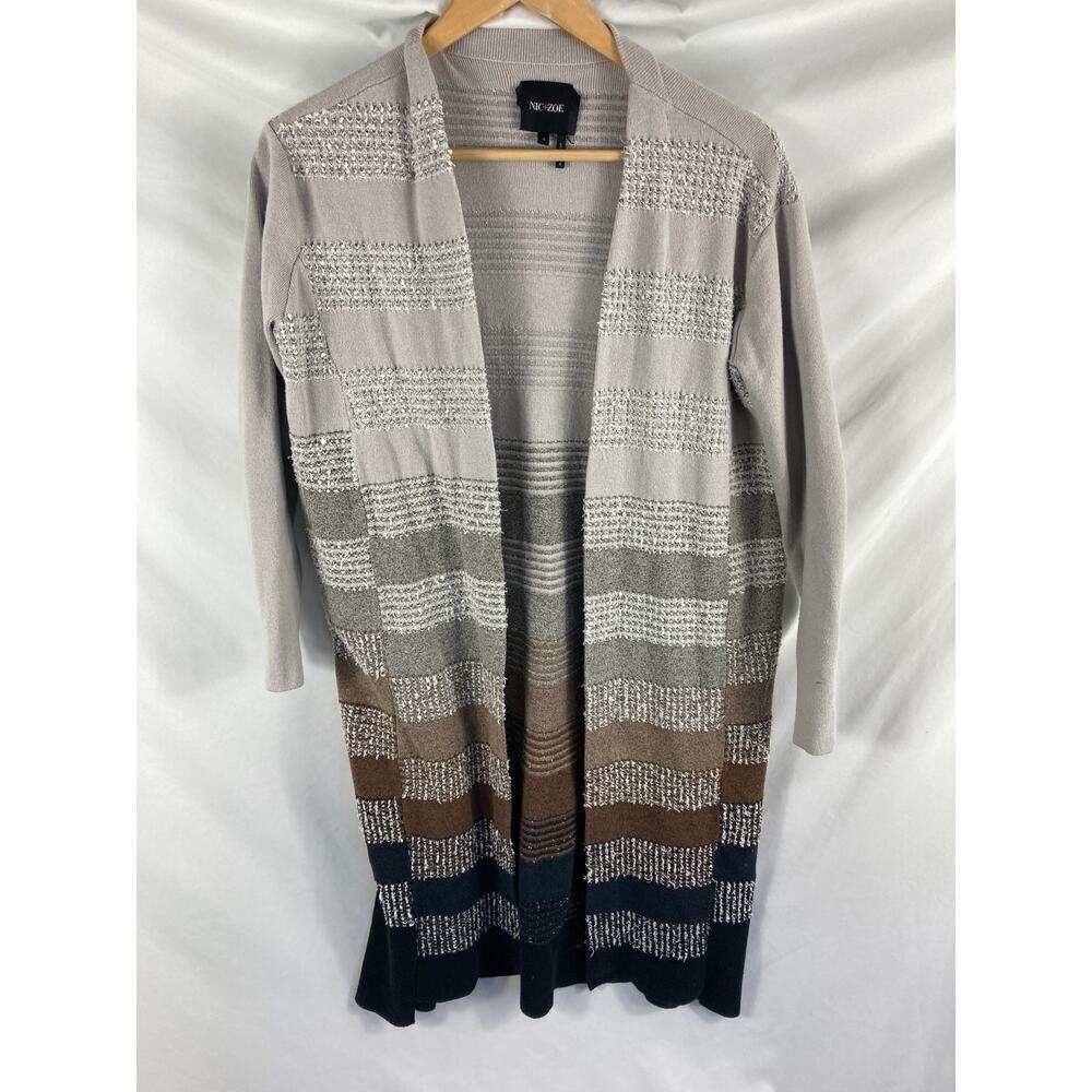 Nic+Zoe Textured Mixed Knit Striped Longline Cardigan Sweater Size Small